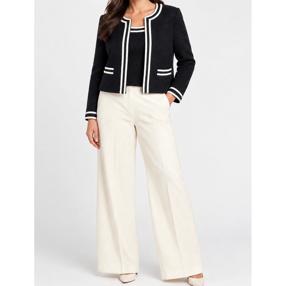 St. John Collection 3pc Knit Set Navy Cream Zip Blazer Shell L Pants 16